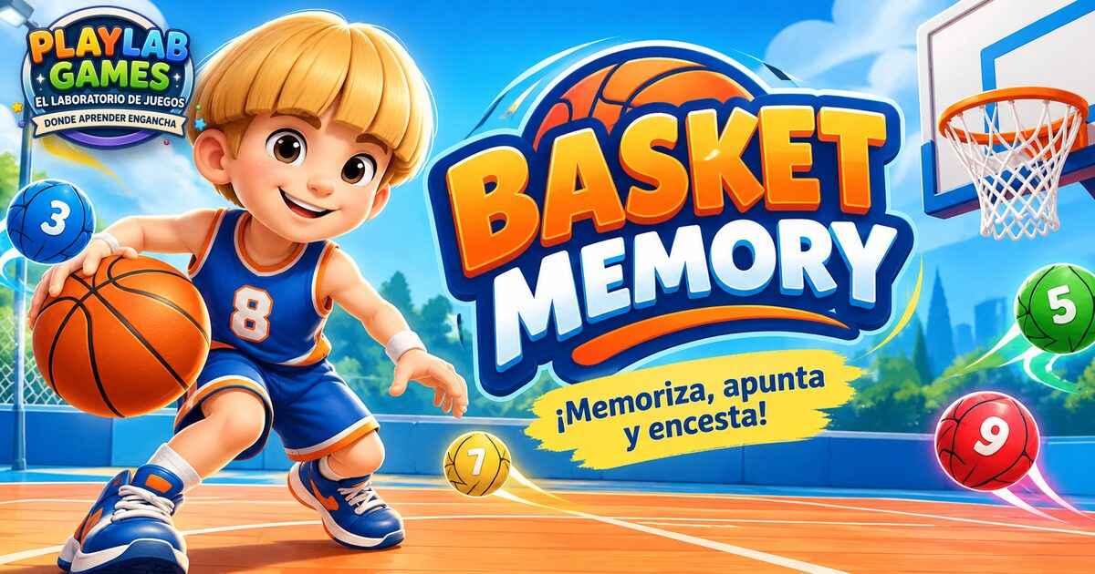 Portada del juego educativo Basket Memory, de lógica y memoria, de 5 a 12 años
