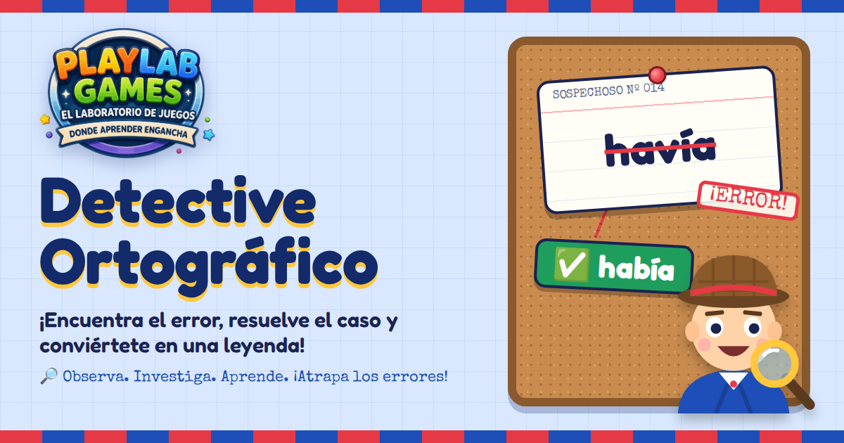 Portada del juego educativo Detective Ortográfico, de idiomas y vocabulario, de 8 a 12 años