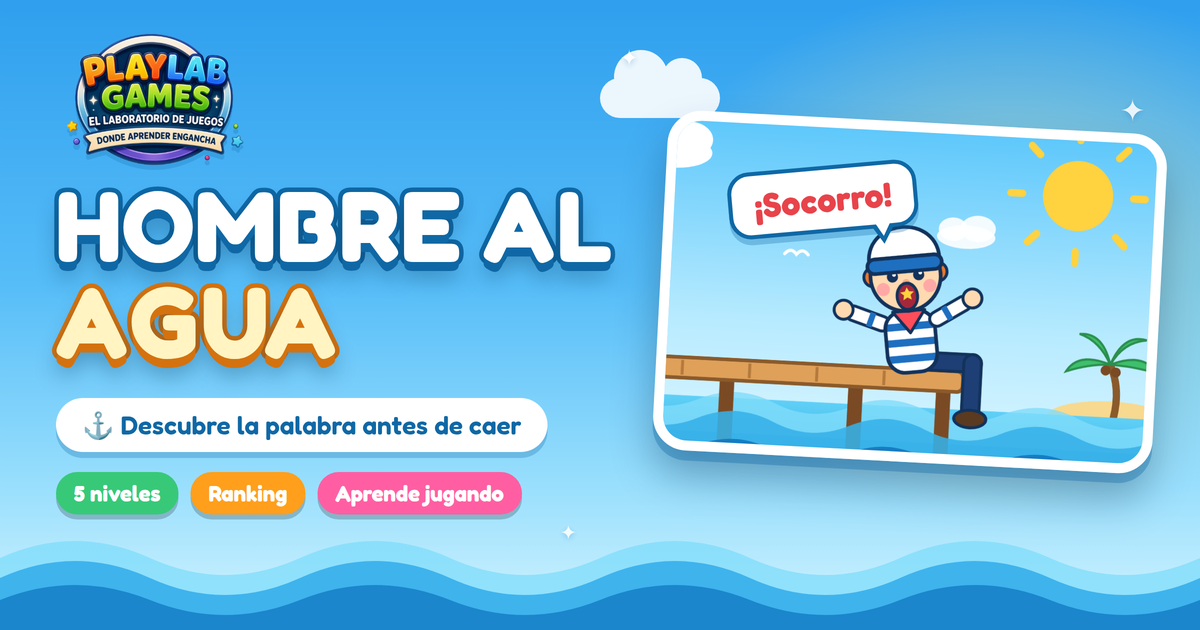 Portada del juego educativo Hombre al Agua, de idiomas y vocabulario, de 6 a 10 años