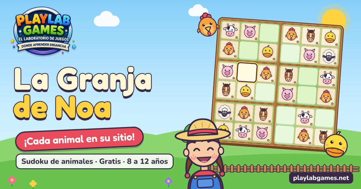 Portada del juego educativo La Granja de Noa, de lógica y memoria, de 8 a 12 años