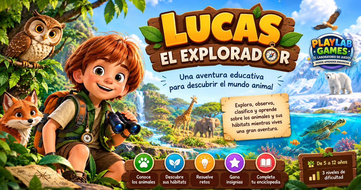 Portada del juego educativo Lucas el Explorador, de lógica y memoria, de 5 a 12 años