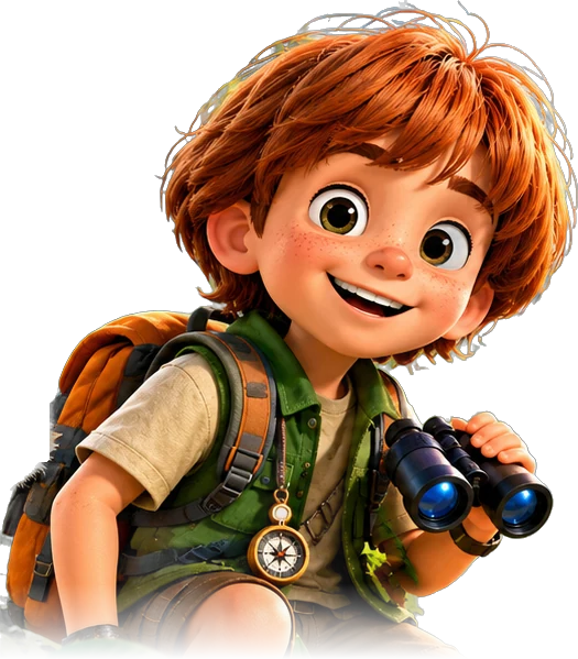 Lucas, un niño explorador pelirrojo con mochila, prismáticos y una brújula colgada del cuello